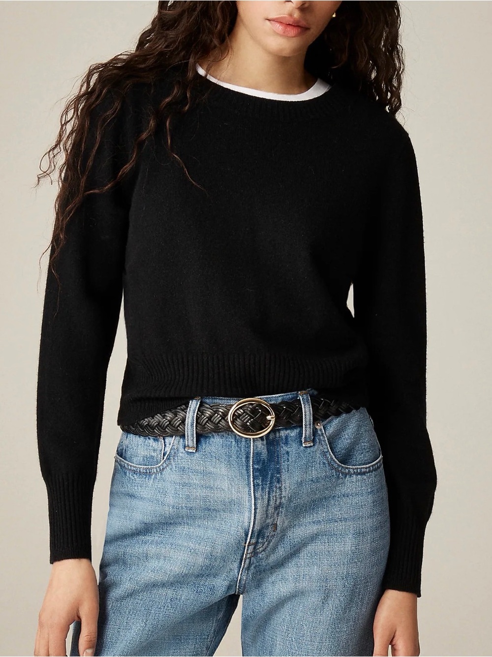 J Crew Cropped Fit Black Cashmere Crewneck Sweater Size Large